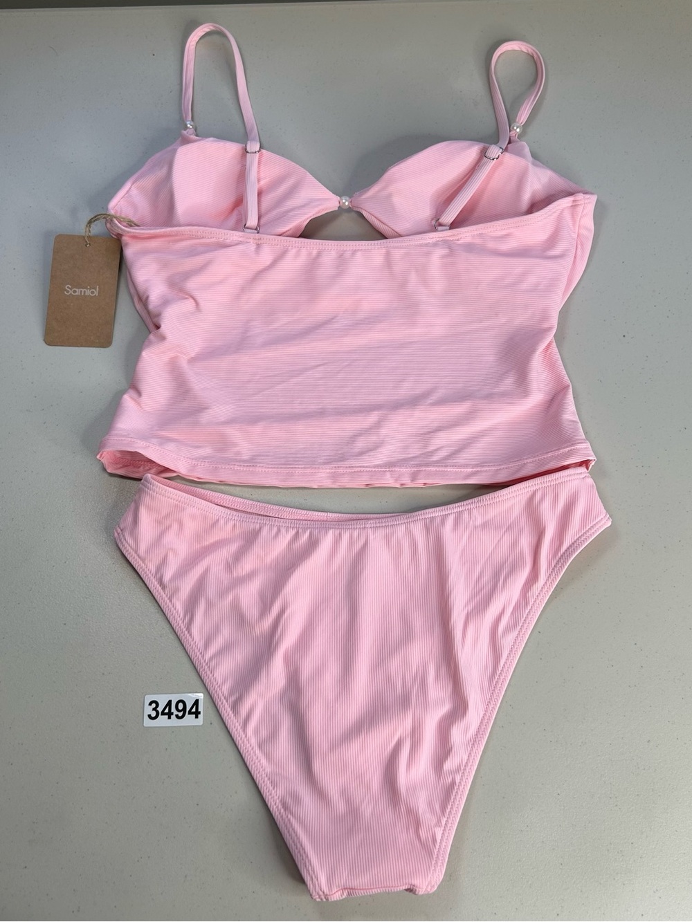 Samiol Pink Ribbed Pearl Accent Tankini Bikini Set Swimwear Size Medium - Picture 2 of 9